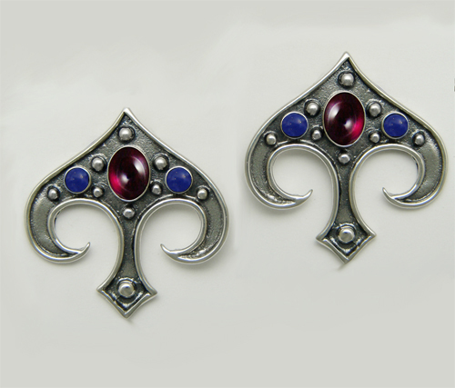 Sterling Silver Gothic Inspired Drop Dangle Earrings With Garnet And Lapis Lazuli